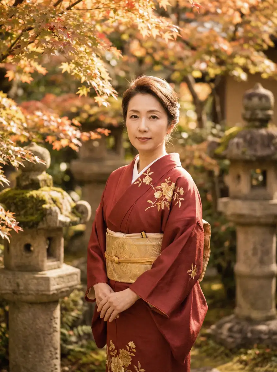 一位身穿暗红色和服的优雅 近藤美佐 在日式庭院中