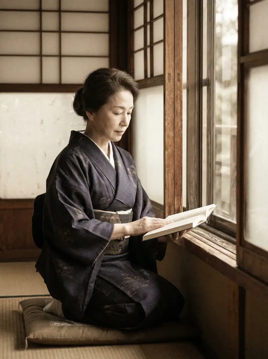 一位优雅的五十岁 近藤美佐 身穿深蓝色和服，在窗边静读