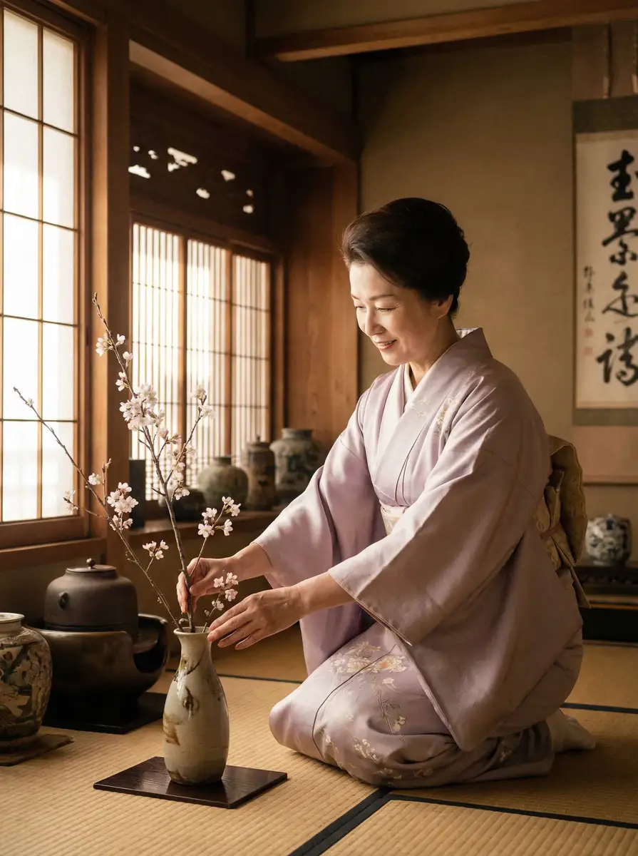 一位优雅的 近藤美佐 在和室中插花